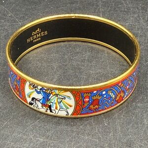 Vintage Hermes Enamel Bangle Bracelet Women OS Gold Multi Circus Horse Vintage